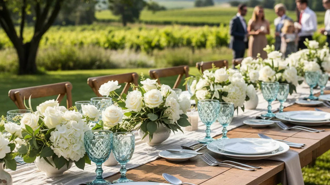Table de mariage décorée avec gobelets personnalisés