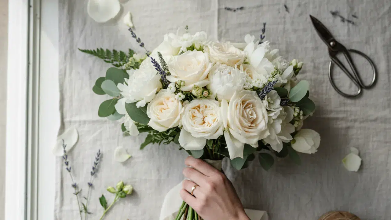 Bouquet de mariée composé avec des fleurs de saison locales