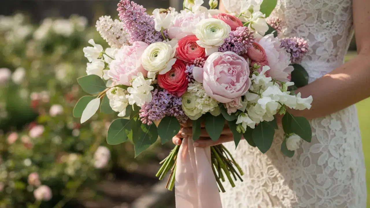 Bouquet de mariée de printemps aux pivoines et renoncules