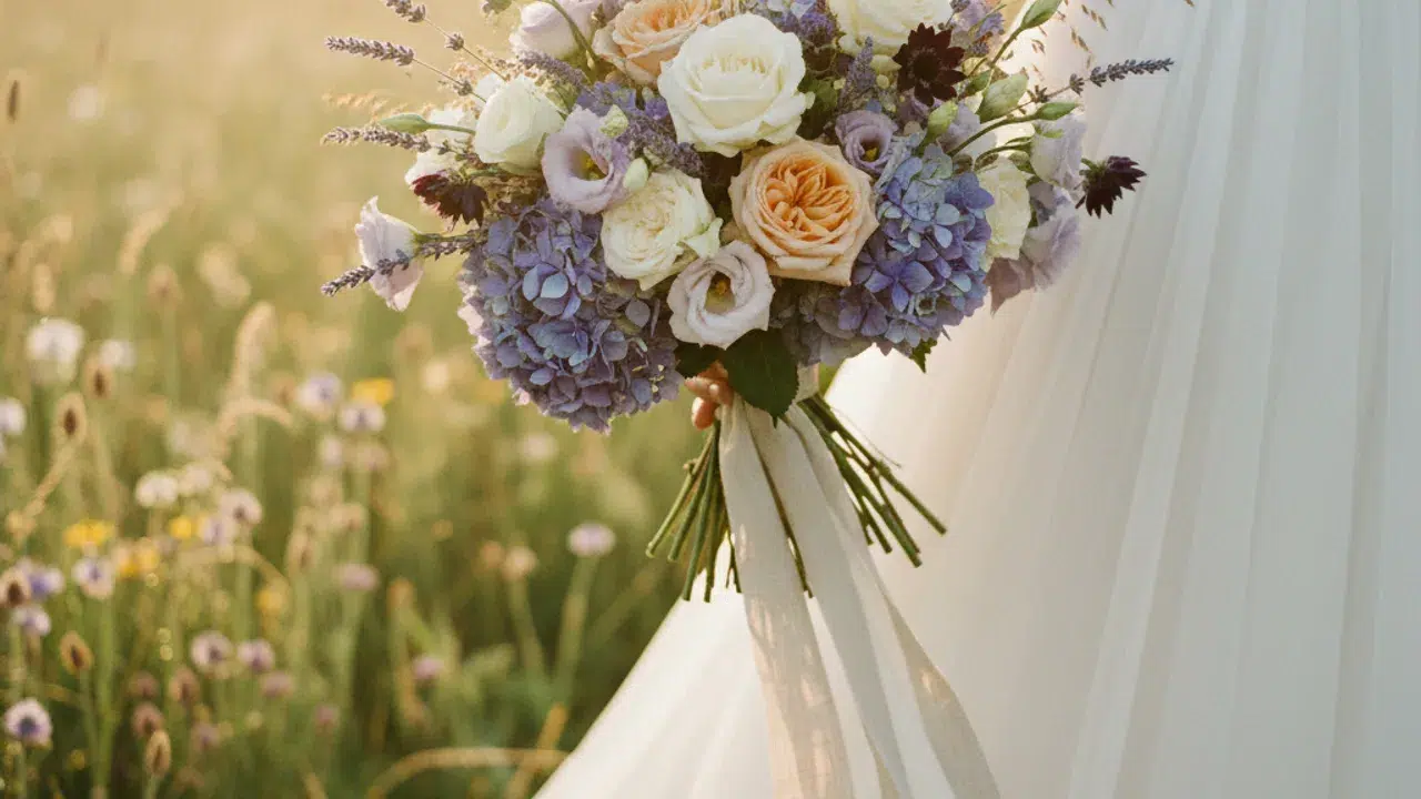 Bouquet de mariée champêtre d'été aux roses et hortensias