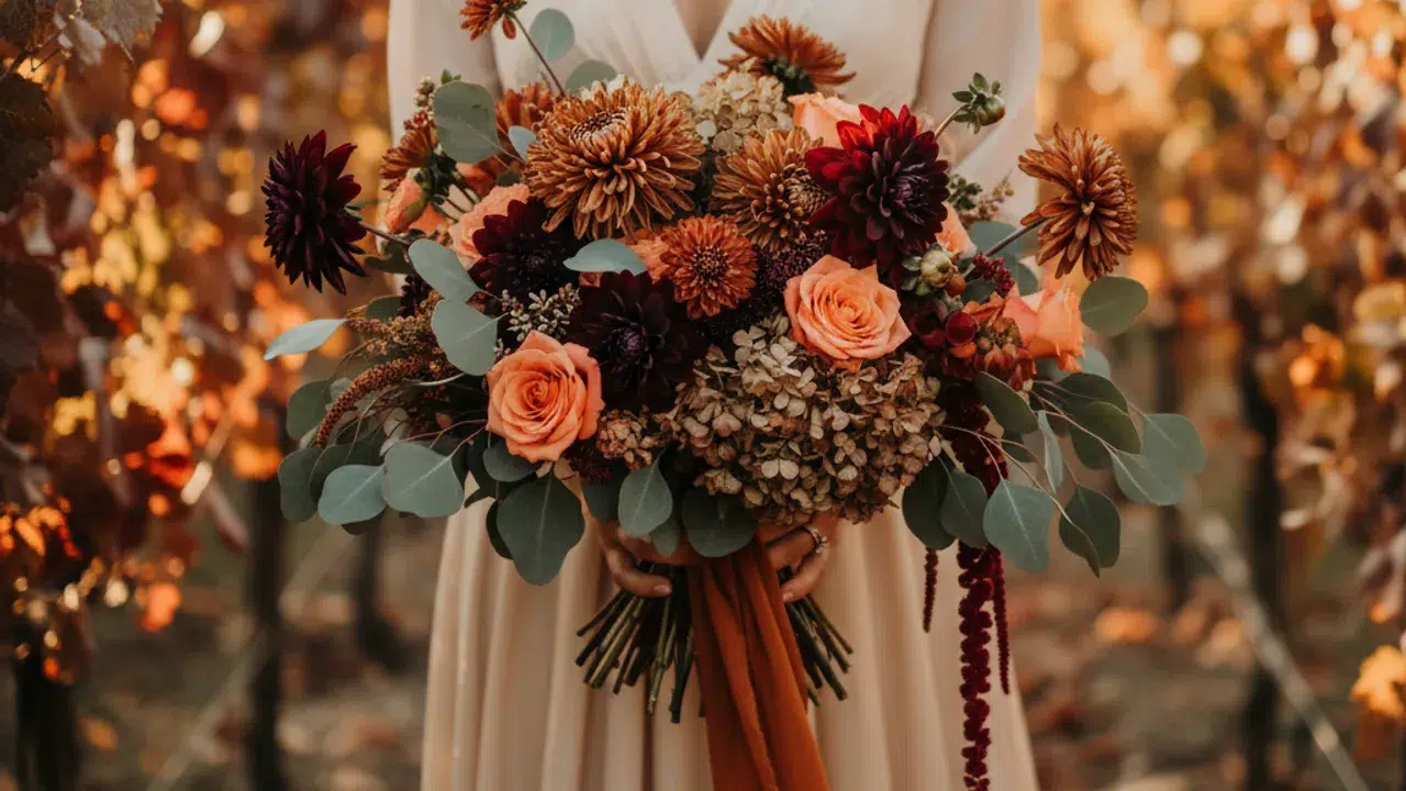 Bouquet de mariée d'automne aux dahlias et tons terracotta