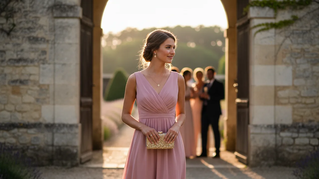 Invitée en robe midi cocktail devant un château