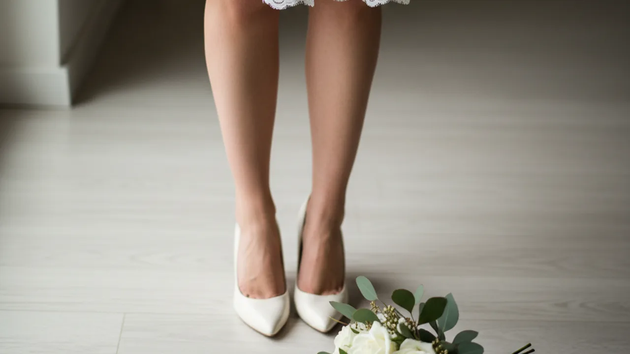 Chaussures escarpins ivoire avec robe courte de mariage