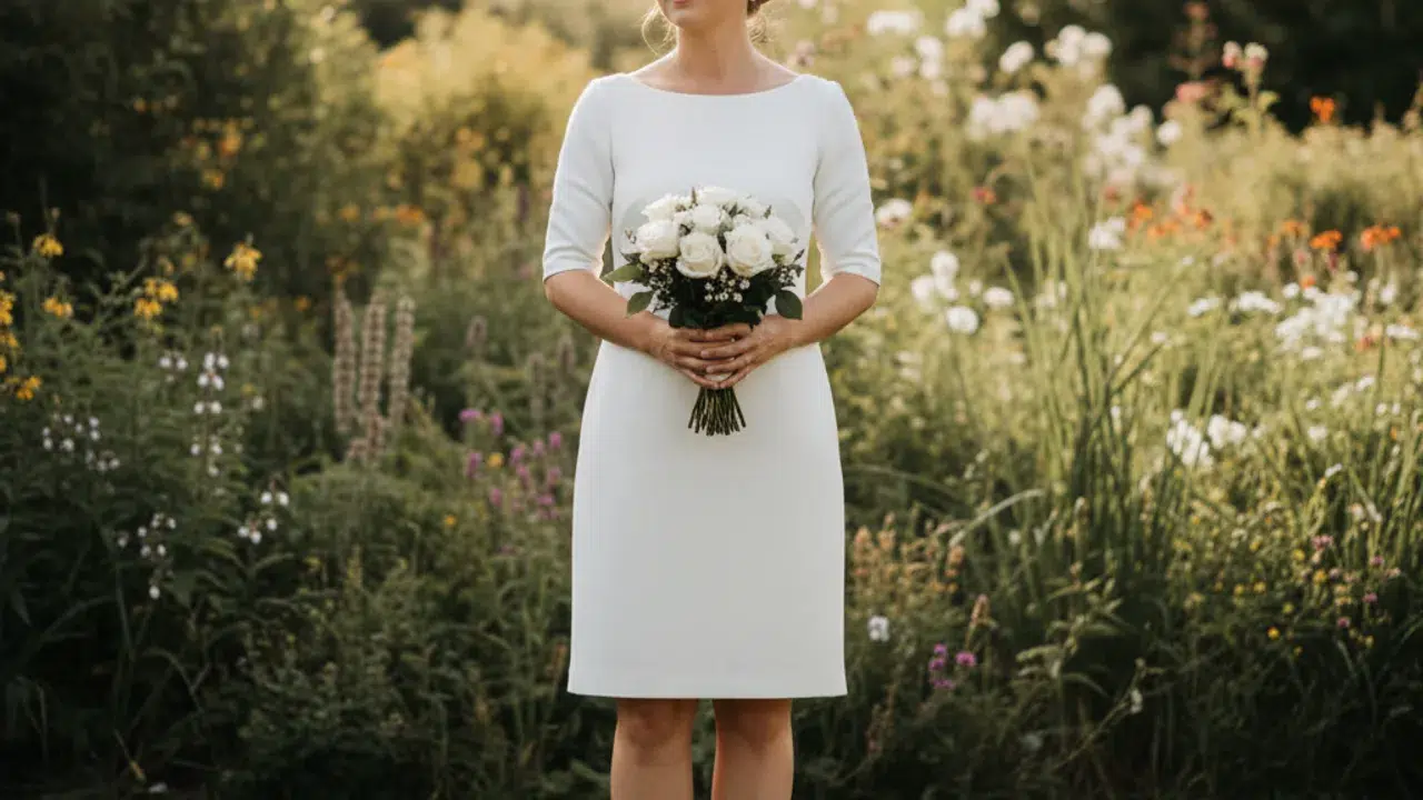 Mariée en robe courte longueur genou dans un jardin ensoleillé