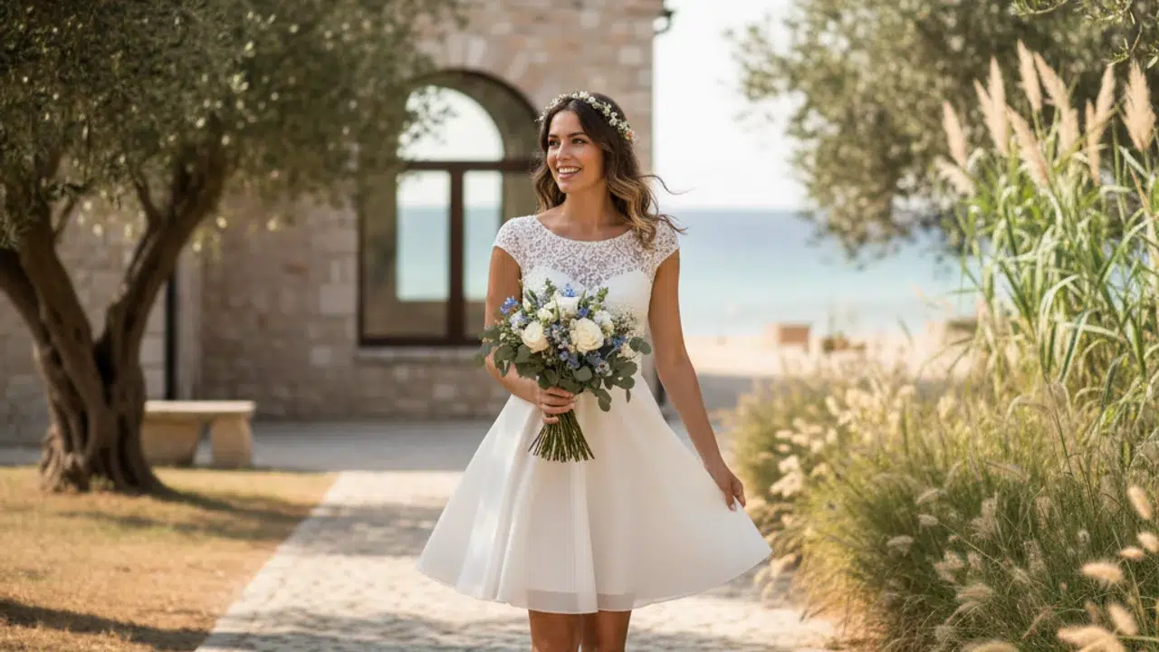 Robe courte de mariée tendance mariage civil et bohème